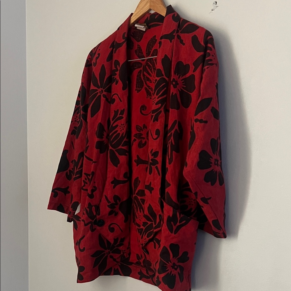 Red Floral Kimono Jacket with Black Velvet Print
